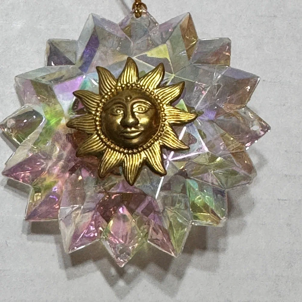 Celestial Sun Face Ornament Iridescent Prismatic Star Gold Double Sided 3.5in